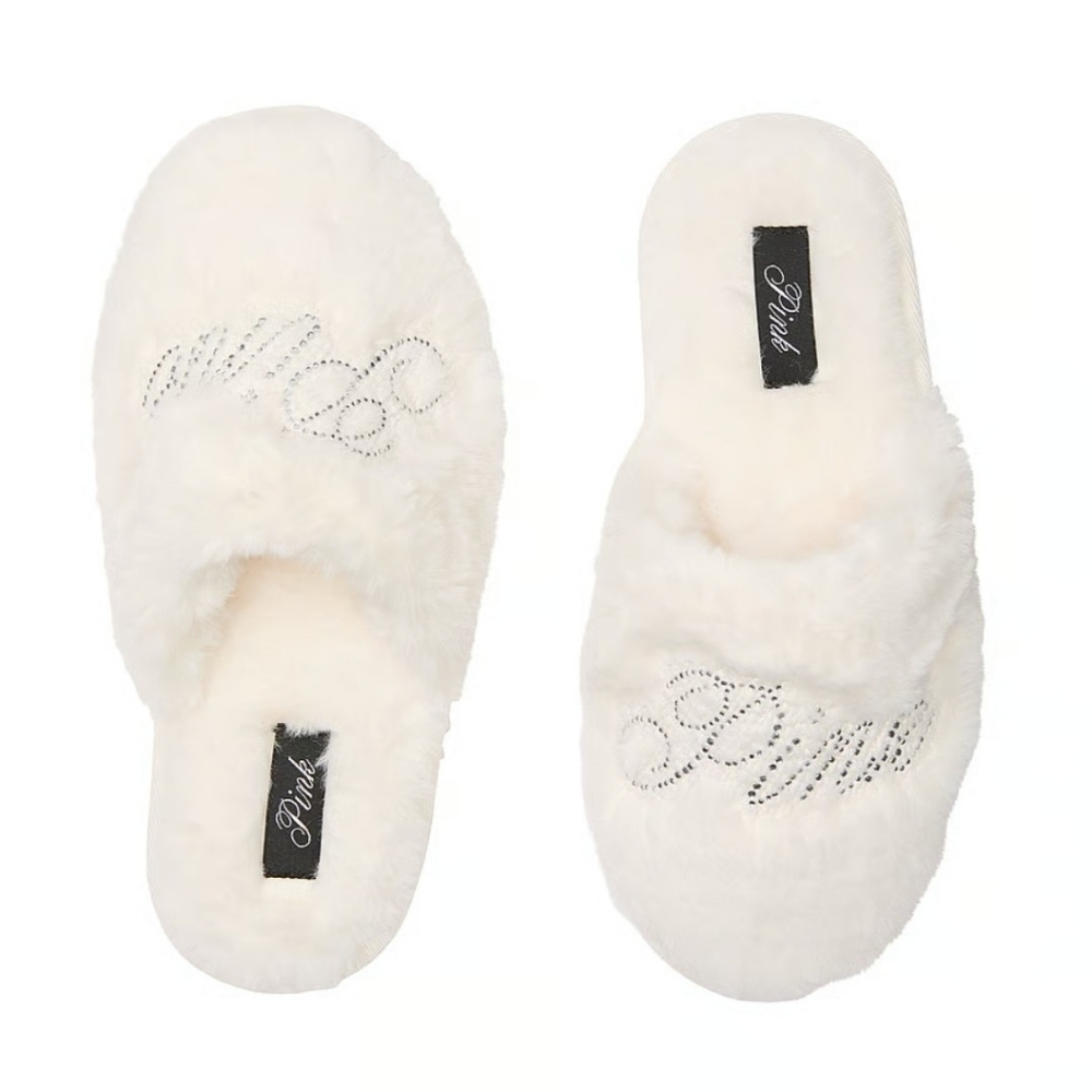 PINK Victoria's Secret Faux Fur Closed Toe Bling Logo Slippers.